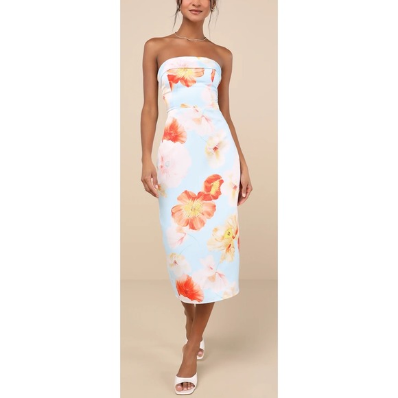 Lulus Dresses & Skirts - NWT Lulus Oriana Light Blue Floral Satin Strapless Midi Dress Size L